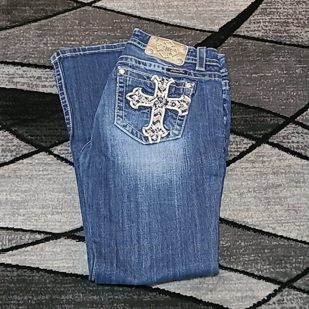 MISS ME CROSS BLING SEQUINS EMBROIDERED MID-RISE EASY FIT BOOT-CUT DENIM…